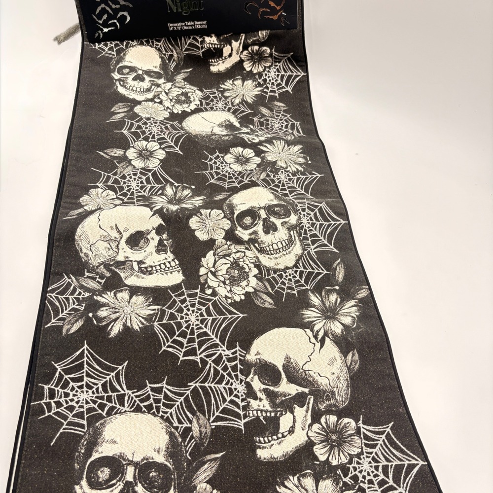 Mireille Designs Spooktacular Night Halloween Skull Spiderweb Table Runner Goth